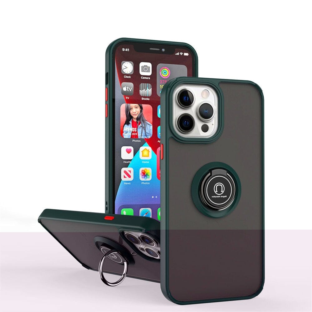 Husa Anti Fall Metal Bracket pentru Apple iPhone 14, Rezistenta la socuri, Margini colorate, Cu inel de prindere magnetic,  Verde